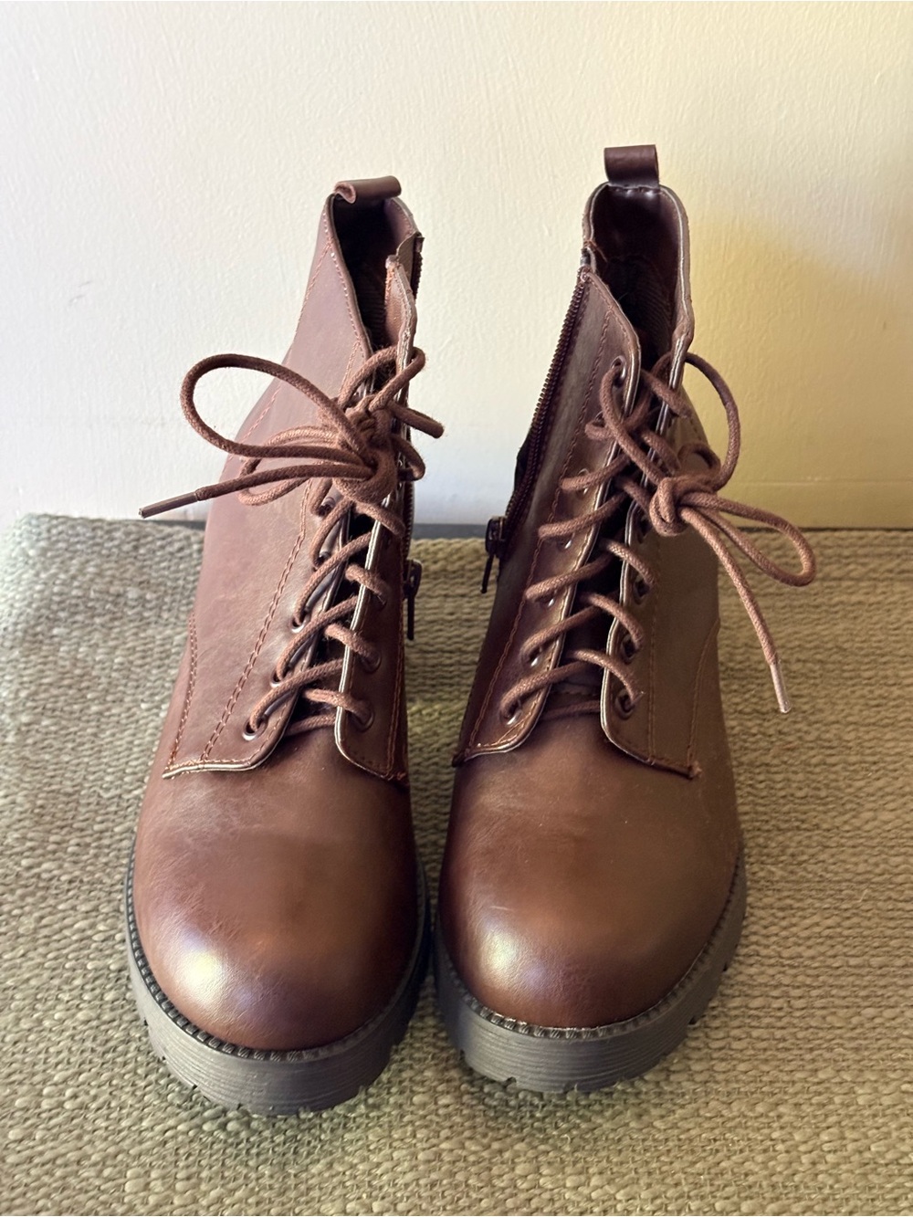 Soda Brown Lace-Up Combat Boots with Side Zipper